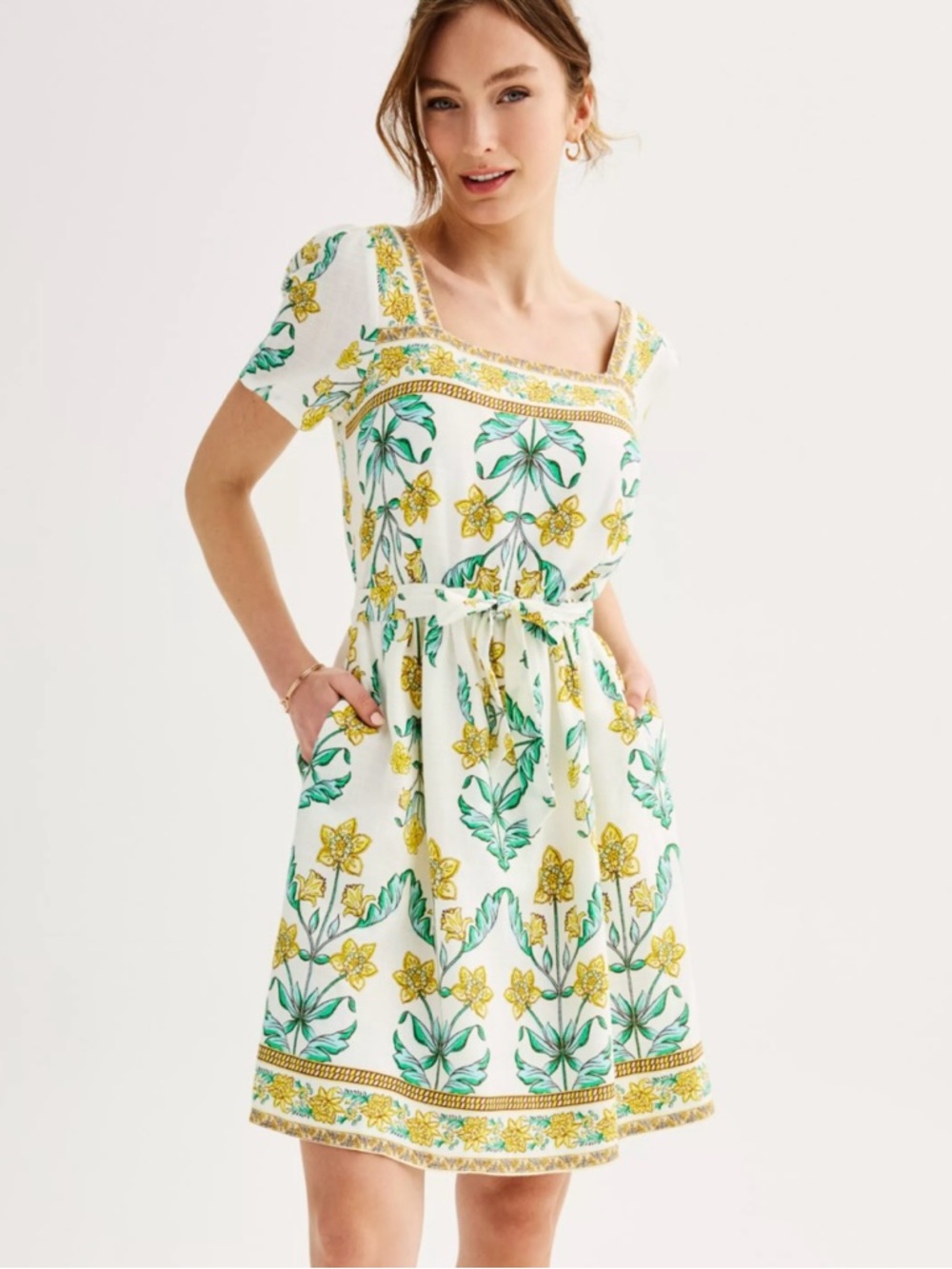 Draper James White Mini Dress with Yellow Floral & Green Leaves